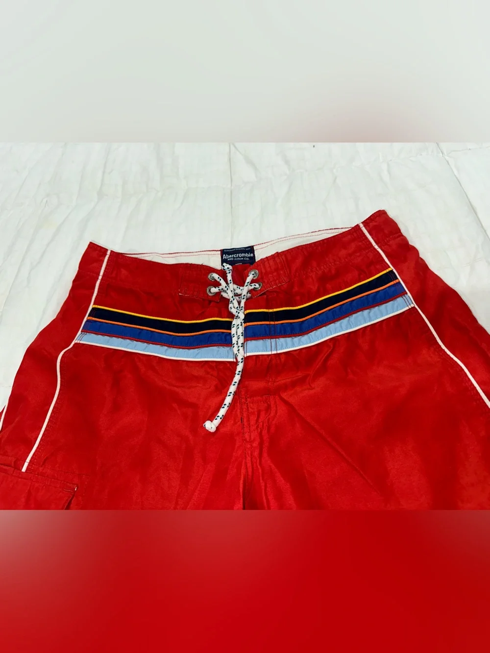Abercrombie & Fitch Red Men’s Swim Board Shorts with Striped Waistband